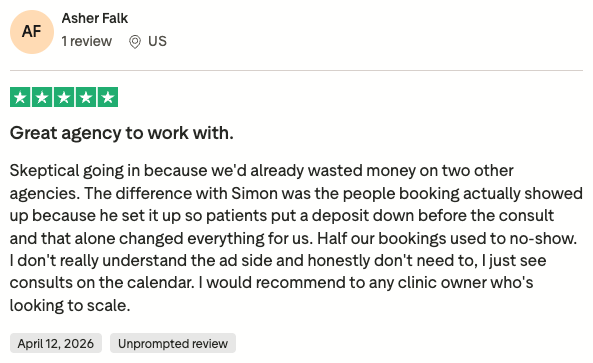 Trustpilot review from Asher Falk, 5 stars, “Great agency to work with.”